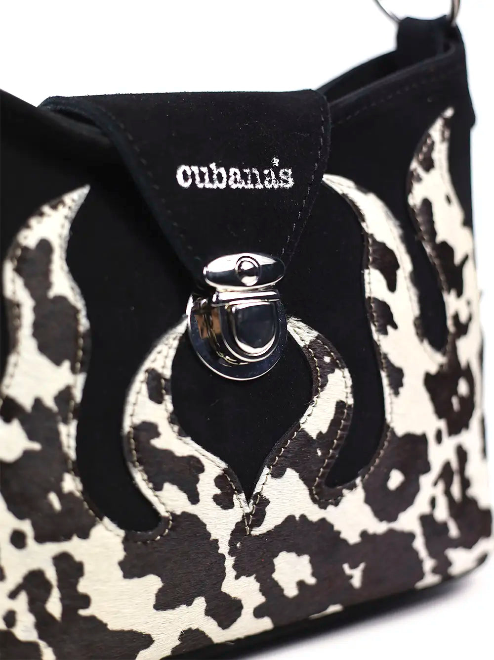 Black Suede and Cow Animal Print Bag