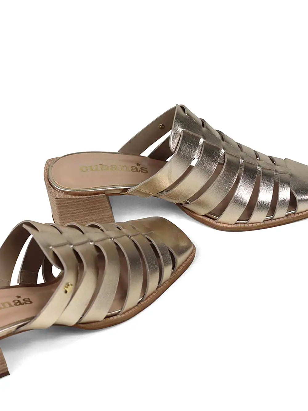 Gold Leather Mule with Straps and Block Heel