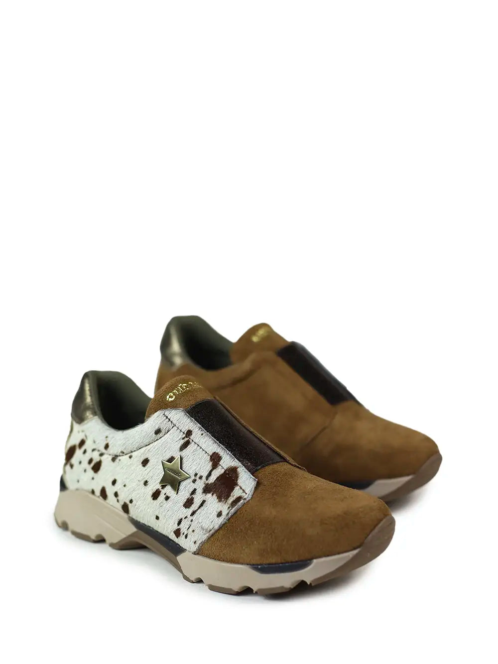 Brown Suede Sneakers with Cow Animal Print