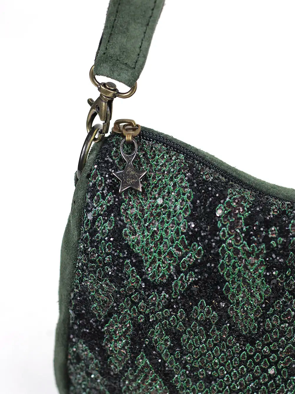 Mochila pequeña de ante verde y purpurina