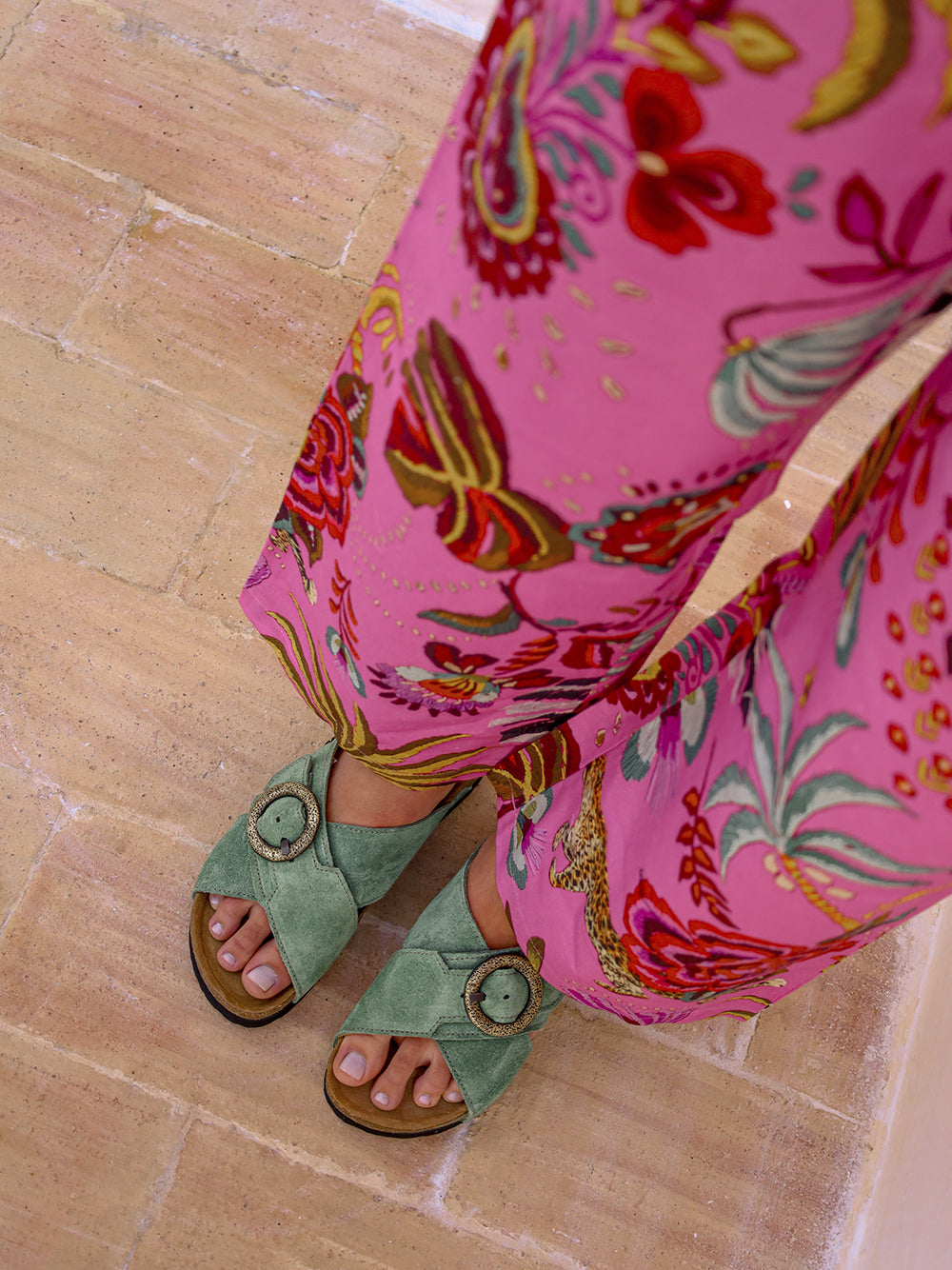 Carmo Sandal in Green Suede with Criss-Cross Straps